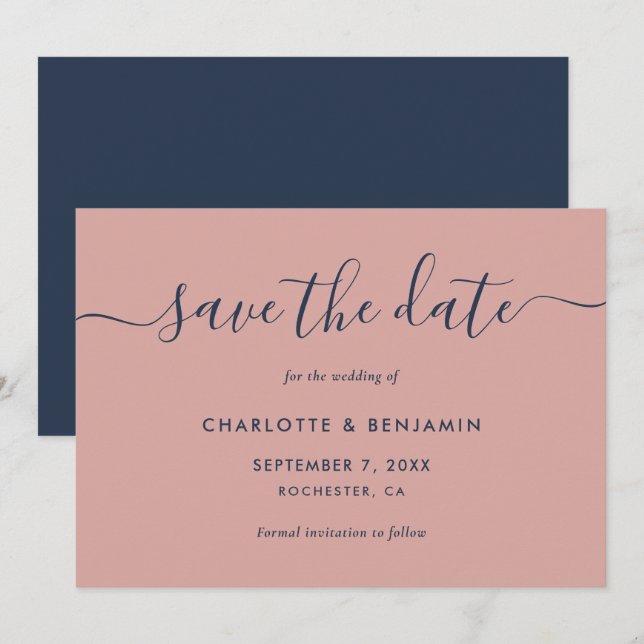 Reserve A Data Casamento Azul e Blush do Marinho Moderno Elegante (Frente/Verso)