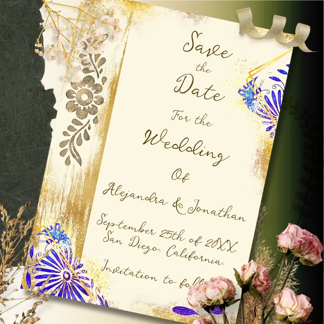 Reserve A Data Casamento Azul e Dourado Barroco Otomi Mexicano El (Criador carregado)
