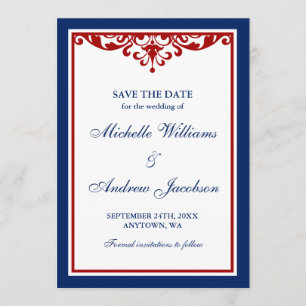 Reserve A Data Casamento Azul e Vermelho Flourado marinho Salvar