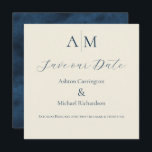 Reserve A Data Casamento Azul Ecru Monograma Moderno<br><div class="desc">Lindos monogramas da noiva e do noivo no topo deste lindo cartão de Save the Date de casamento. Fundo Ecru com fonte azul escuro para combinar com a parte de trás azul envelhecido deste convite elegante. Absolutamente deslumbrante.</div>