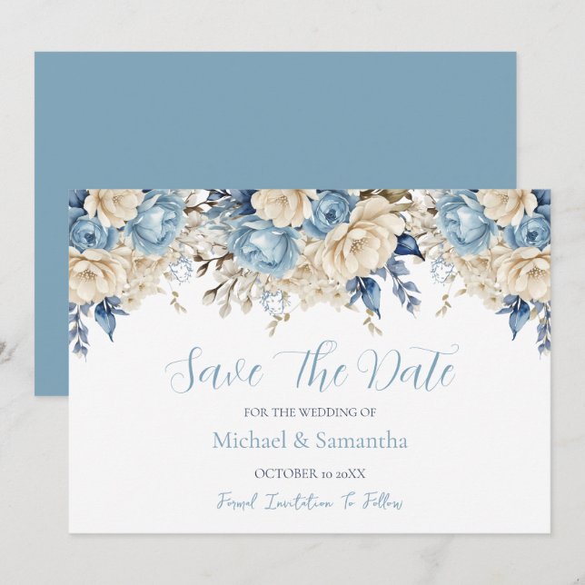 Reserve A Data Casamento Azul Elegante e Rosa Marfim (Frente/Verso)