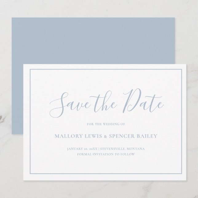 Reserve A Data Casamento Azul Empoeirado Tradicional Elegante (Frente/Verso)