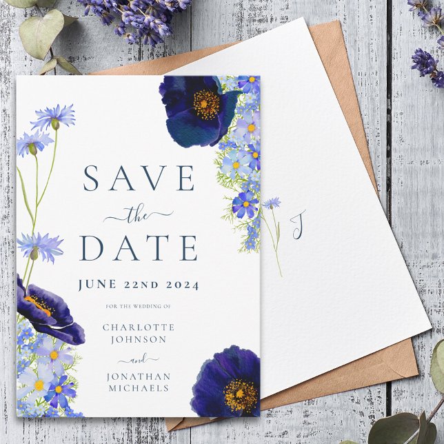 Reserve A Data Casamento Azul Floral Elegante Salva A Data (Modern wildflower blue floral wedding save the date invitation with stylish typography script )