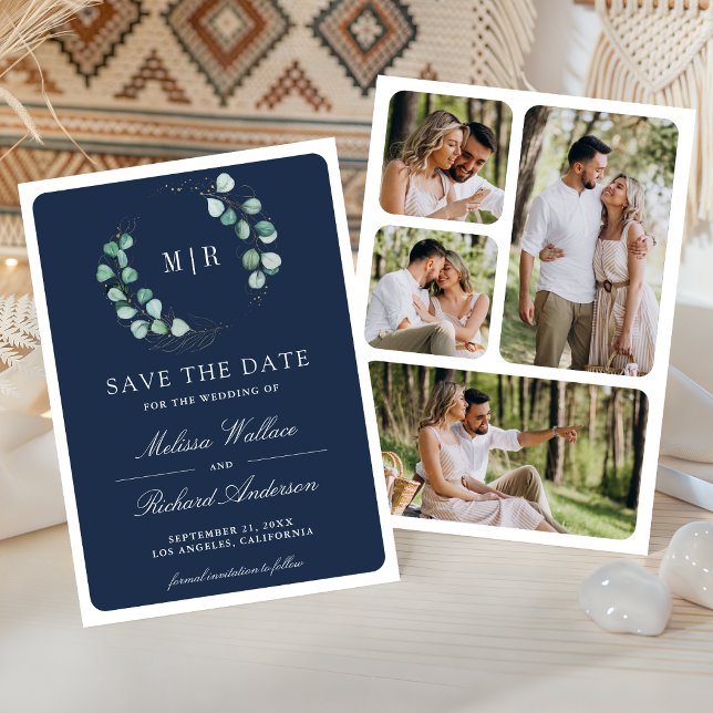 Reserve A Data Casamento Azul Marinho com Monograma de Eucalipto  (Criador carregado)