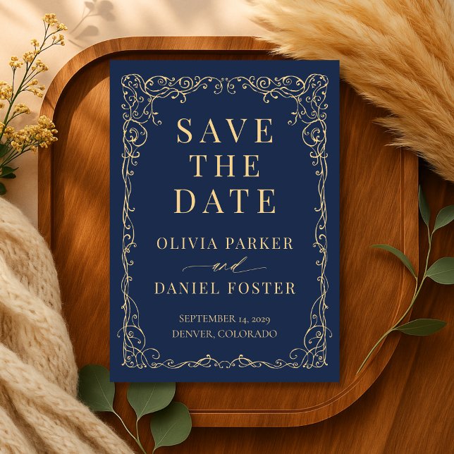 Reserve A Data Casamento Azul Marinho Dourado Save the Date (Criador carregado)