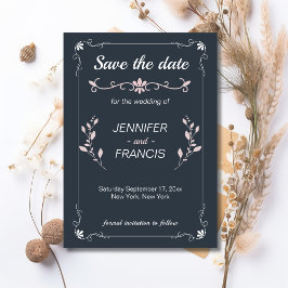 Reserve A Data Casamento Azul Marinho e Rosa Elegante e Sofistica