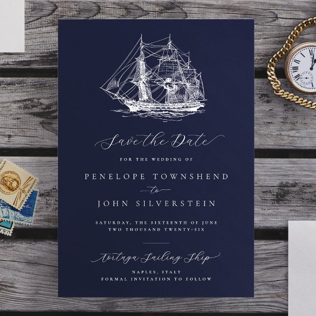 Reserve A Data Casamento Azul Marinho Náutico Elegante (Elegant Nautical Ship Navy Blue Wedding Save The Date)