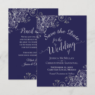 Reserve A Data Casamento Azul Marinho Ondas Cinza Prata Elegantes