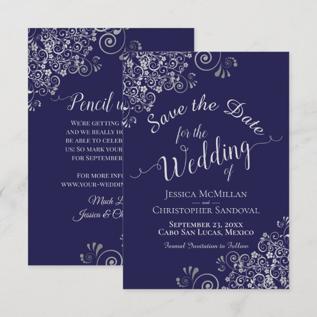 Reserve A Data Casamento Azul Marinho Ondas Cinza Prata Elegantes (Frente/Verso)