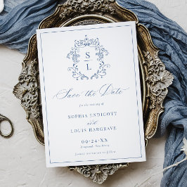 Reserve A Data Casamento Azul Monograma Crista Barroco Elegante