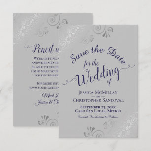 Reserve A Data Casamento Azul Naval em Cinza com Ondas de Prata E