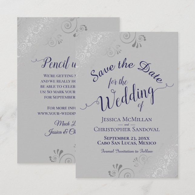 Reserve A Data Casamento Azul Naval em Cinza com Ondas de Prata E (Frente/Verso)