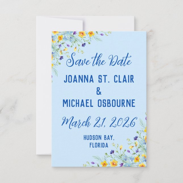 Reserve A Data Casamento Azul Pastel Felicidade de Flor Silvestre (Frente)