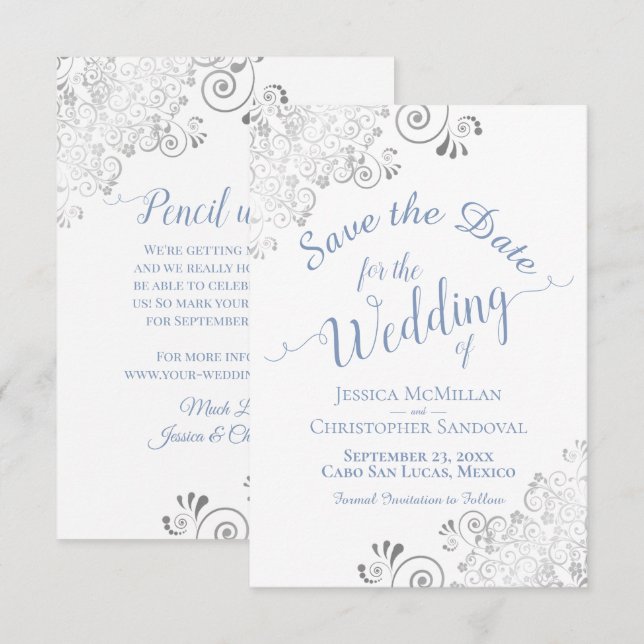 Reserve A Data Casamento Azul Periwinkle Branco Renda Prata Elega (Frente/Verso)