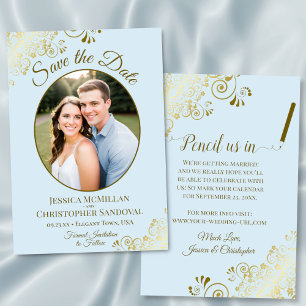Reserve A Data Casamento Azul Pó de Foto Oval Dourado Elegante