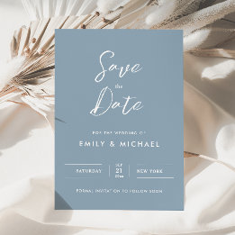 Reserve A Data Casamento Azul Poeira de Script Simples Elegante