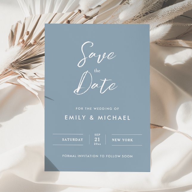 Reserve A Data Casamento Azul Poeira de Script Simples Elegante (Minimalist simple dusty blue with white calligraphy - elegant and tasteful for your special day)