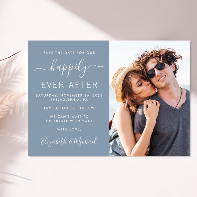 Reserve A Data Casamento Azul Poeirento de Foto Moderna (A chic happily ever after photo save the date announcement card)