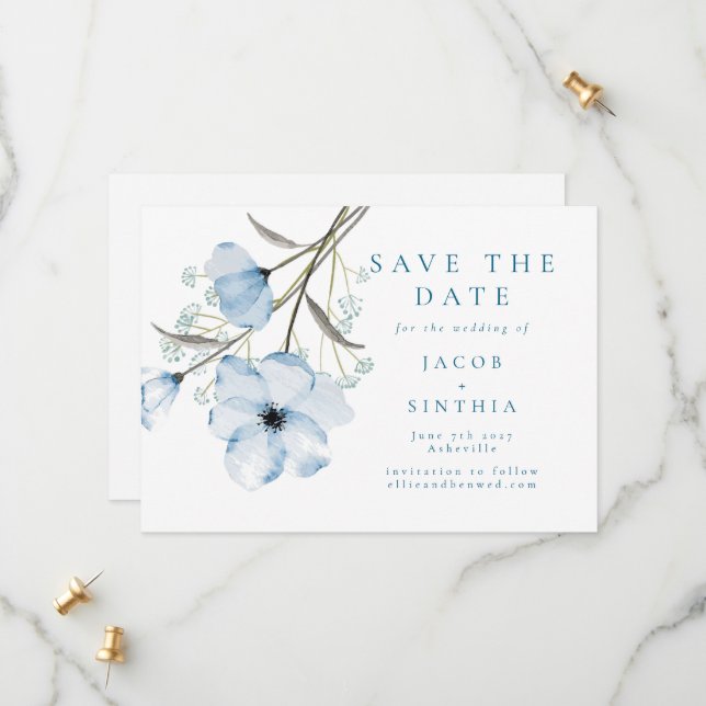 Reserve A Data Casamento Azul Poento Chic Moderno e Elegante (Frente/Verso In Situ)