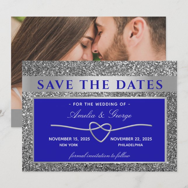 Reserve A Data Casamento Azul Prata Save The Date (Frente/Verso)