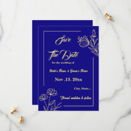 Reserve A Data Casamento azul-real com flor de ouro elegante e ro
