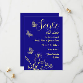 Reserve A Data Casamento azul-real com flor de ouro elegante e ro