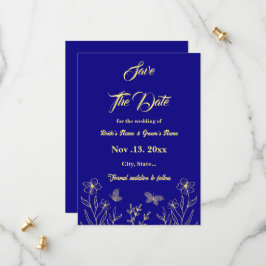 Reserve A Data Casamento azul-real com flor de ouro elegante e ro