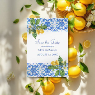 Reserve A Data casamento azulejos azuis mediterrâneo e limões 