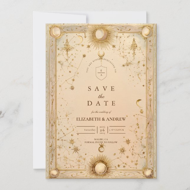 Reserve A Data Casamento Barroco Celestial Dourado (Frente)