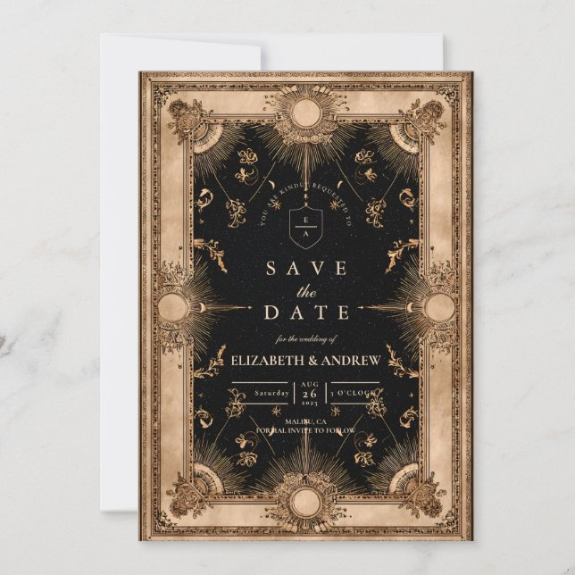 Reserve A Data Casamento Barroco Celestial Preto e Dourado (Frente)