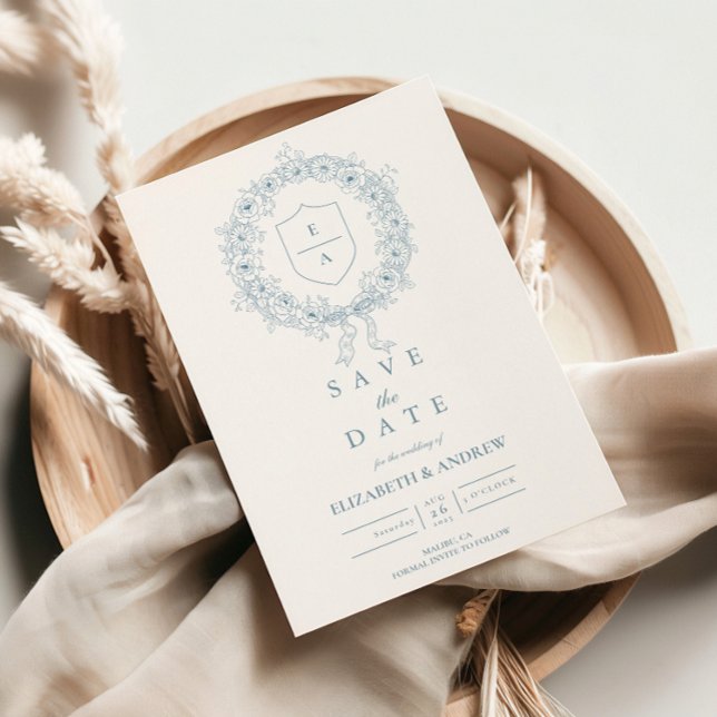 Reserve A Data Casamento Barroco com Crista Floral Azul Empoeirad (Criador carregado)