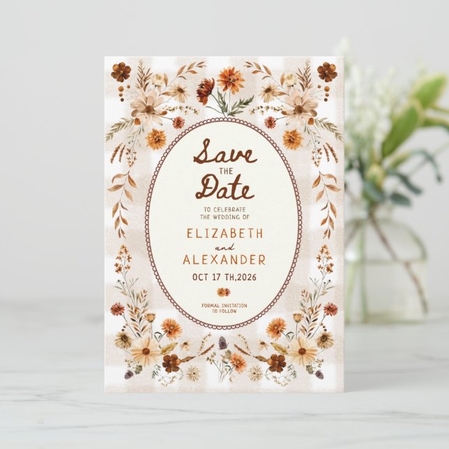 Reserve A Data Casamento boêmio rústico floral de outono (Em pé/Frente)