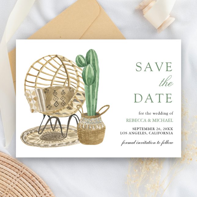 Reserve A Data Casamento Boho Cacto Aquarela Rústica (Criador carregado)