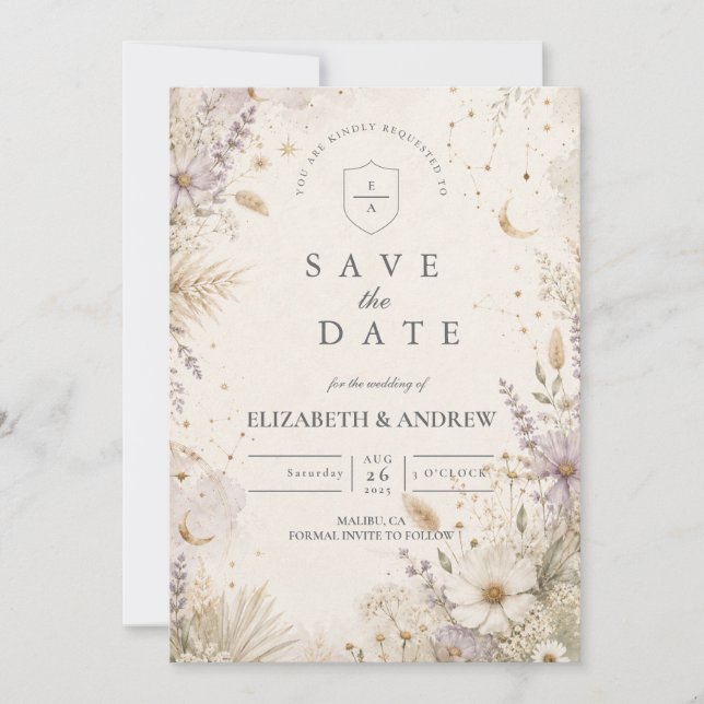 Reserve A Data Casamento Boho Celestial Elegante ao Luar (Frente)