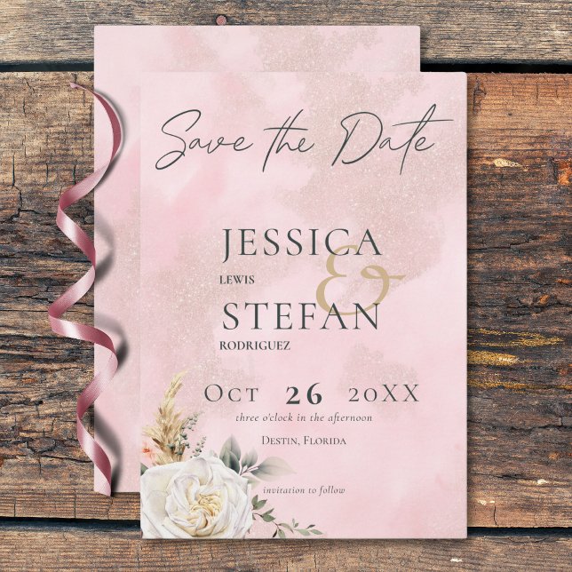 Reserve A Data Casamento Boho Pampas e Rosas Rosa (Boho Pampas & Pink Roses Wedding Save The Date)