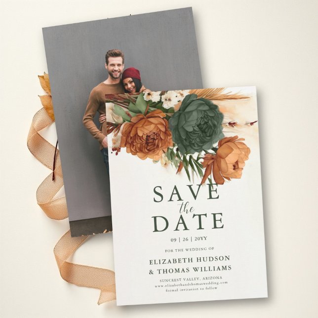 Reserve A Data Casamento Boho Pampas Laranja Queimada Verde Ferru (Burnt Orange Rust Green Boho Pampas Fall Wedding Save the Date Engagement Photo Elegant Romantic)