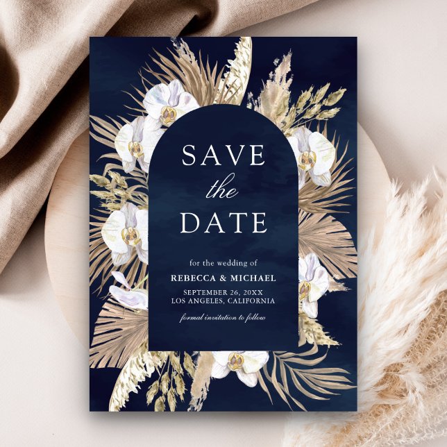 Reserve A Data Casamento Boho Pampas Orquídea Branca Azul Naval (Criador carregado)