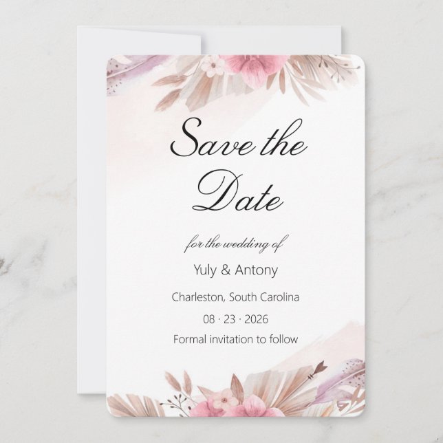 Reserve A Data Casamento Boho Romântico com Rosa e Champanhe (Frente)