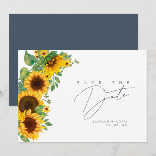 Reserve A Data Casamento Boho Sunflower Monograma Azul Ardósia