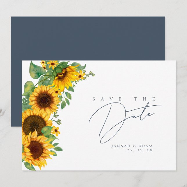 Reserve A Data Casamento Boho Sunflower Monograma Azul Ardósia (Frente/Verso)