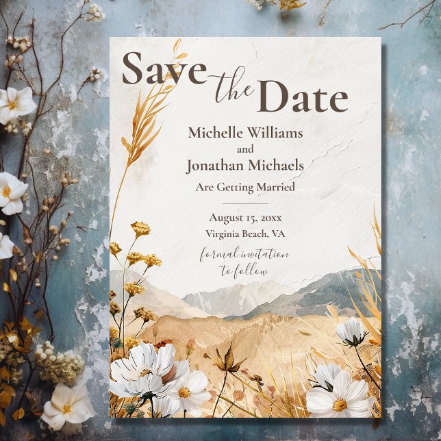 Reserve A Data Casamento bonito Boho Mountain Wildflower (Front - Pretty Boho Mountain Wildflower Wedding Save The Date)