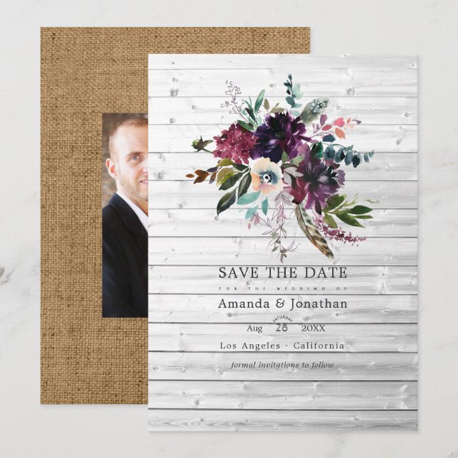Reserve A Data Casamento Bordo Violeta Floral Rústico Boêmio (Frente/Verso)
