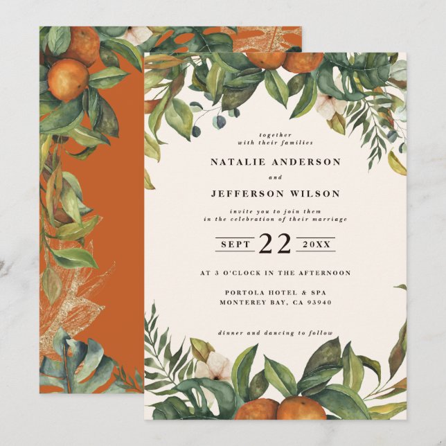 Reserve A Data Casamento botânico aquarela laranja cítrico (Frente/Verso)