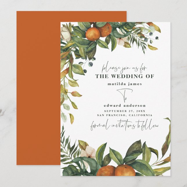 Reserve A Data Casamento botânico aquarela laranja cítrico (Frente/Verso)
