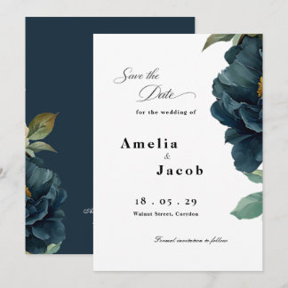 Reserve A Data Casamento Botânico Azul Marinho Elegante