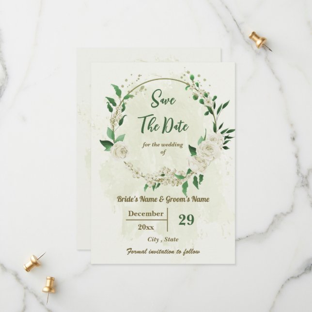 Reserve A Data casamento botânico com flores brancas de marfim (Frente/Verso In Situ)