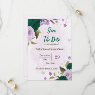 Reserve A Data casamento botânico com flores roxas esmeraldas