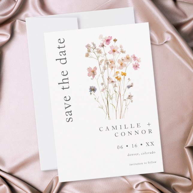 Reserve A Data Casamento Botânico de Flor Silvestre Prensada Boho (Boho Minimal Pressed Wildflower Botanical Wedding Save The Date)