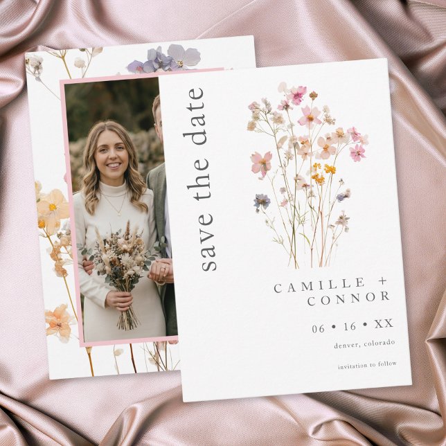 Reserve A Data Casamento Botânico de Flor Silvestre Pressionada B (Boho Minimal Pressed Wildflower Botanical Photo Wedding Save The Date)