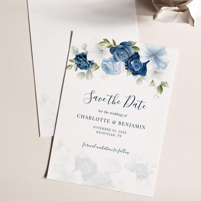 Reserve A Data Casamento Botânico de Script Floral Azul Dusty (Dusty Blue Floral Wedding Save the Date Card)